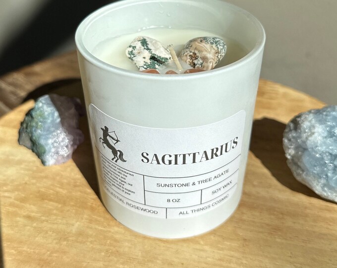 Sagittarius Soy Wax Candle | Zodiac Crystal Candle | Sagittarius Candle with SUNSTONE & TREE AGATE | Personalized Birthday Candle