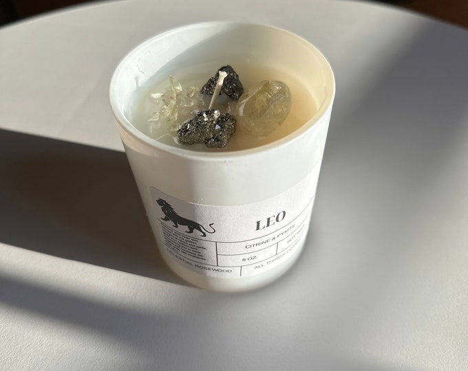 Leo Soy Wax Candle | Zodiac Crystal Candle | Leo Candle with Citrine & Pyrite| Personalized Birthday Candle