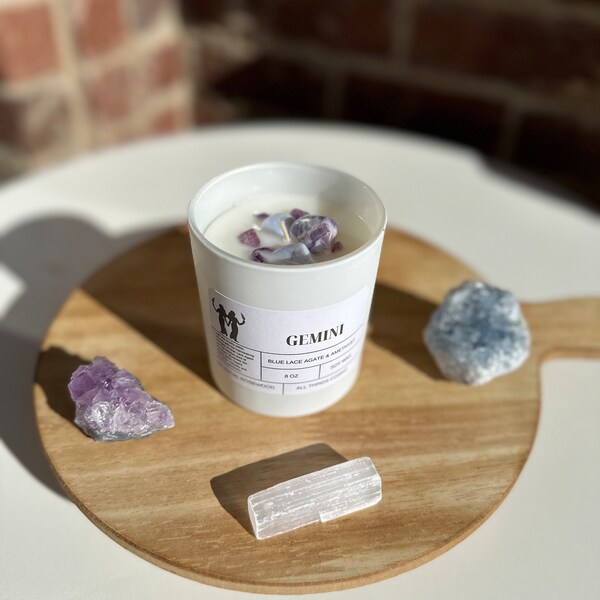 Gemini Soy Wax Candle | Zodiac Crystal Candle | Gemini Candle with Blue Lace Agate & Amethyst  | Personalized Birthday Candle