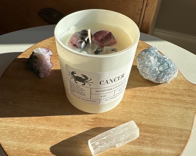 Cancer Soy Wax Candle | Zodiac Crystal Candle | Cancer Candle with Moonstone & Rhodonite | Personalized Birthday Candle