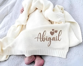 Personalized Knitted Baby Blanket, Custom Name Embroidery, Baby Shower Gift