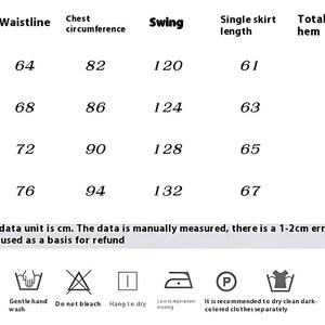 May include: Size chart for a garment with measurements in centimeters for size, waistline, chest circumference, swing, single skirt length, and total length with hem. The chart includes sizes S, M, L, and XL.