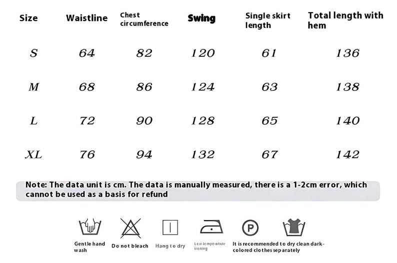 May include: Size chart for a garment with measurements in centimeters for size, waistline, chest circumference, swing, single skirt length, and total length with hem. The chart includes sizes S, M, L, and XL.