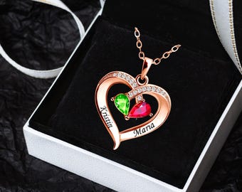 Custom Heart Pendant Necklace: Personalized Names & Birthstones