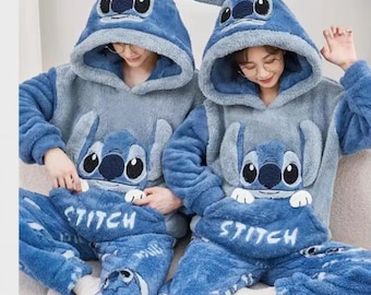 Stitch Pajama Set: Hooded Flannel Couple Pajamas