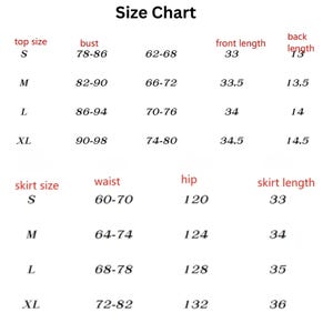 May include: Size chart for clothing with measurements in inches for bust, waist, hip, front length, back length, and skirt length. The chart includes sizes S, M, L, and XL.