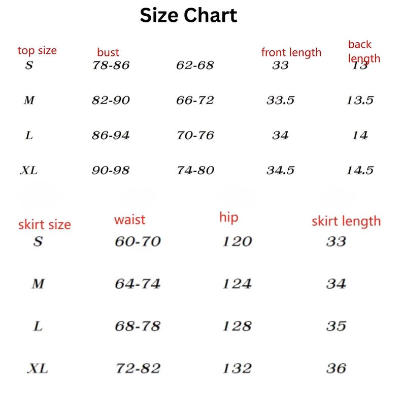 May include: Size chart for clothing with measurements in inches for bust, waist, hip, front length, back length, and skirt length. The chart includes sizes S, M, L, and XL.