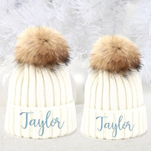 Personalized embroidered beanie winter gift Personalized hat kids name christmas mom gift Kids beanie with name embroidery winter hat pompom