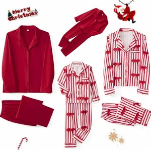 May include: Red and white striped pajama sets with bow accents and solid red pajama sets are displayed. The image includes a candy cane and a "Merry Christmas" banner, suggesting a holiday theme. The pajamas are designed for comfort and festive wear.