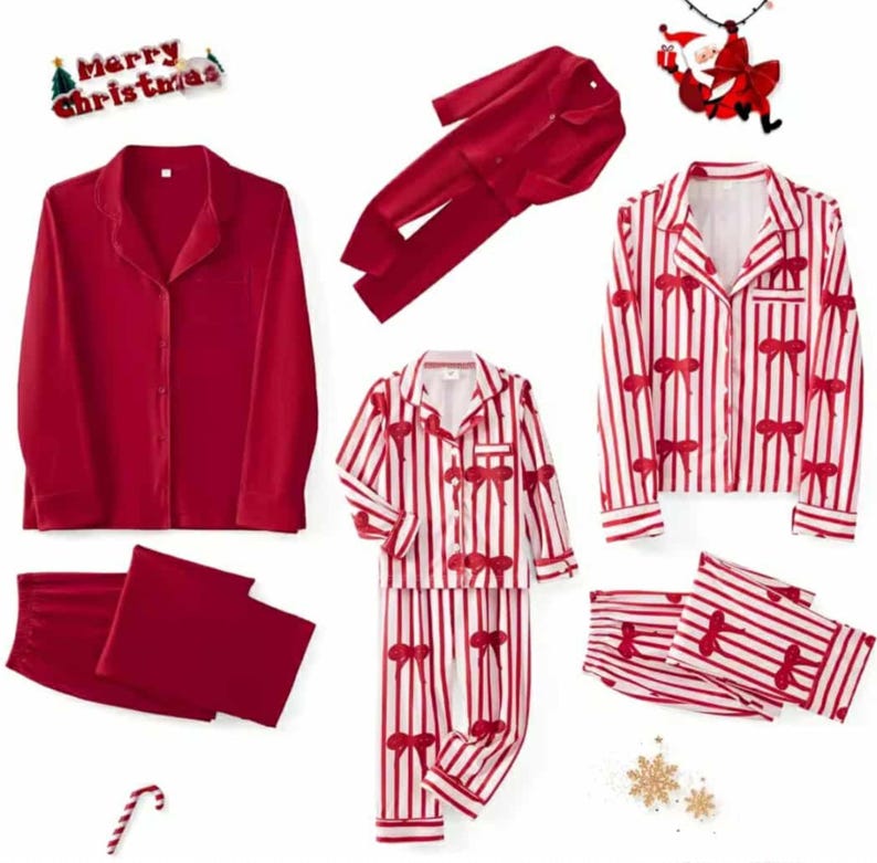 May include: Red and white striped pajama sets with bow accents and solid red pajama sets are displayed. The image includes a candy cane and a "Merry Christmas" banner, suggesting a holiday theme. The pajamas are designed for comfort and festive wear.
