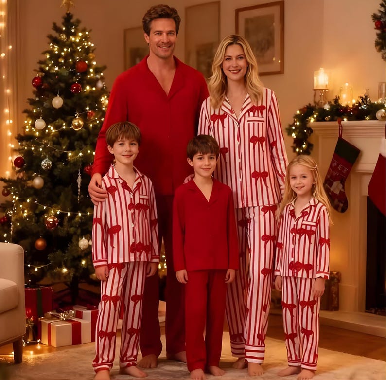 May include: A family of five wearing matching red and white striped pajamas with bow accents. The pajamas are paired with solid red sleepwear. A Christmas tree and fireplace are visible in the background, creating a festive holiday scene.
