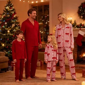 May include: A family poses in matching Christmas pajamas. The father and son wear solid red pajama sets. The mother and daughter wear white and red striped pajamas with red bow accents. A decorated Christmas tree and fireplace are in the background.