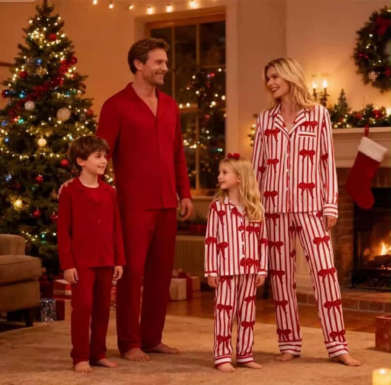 May include: A family poses in matching Christmas pajamas. The father and son wear solid red pajama sets. The mother and daughter wear white and red striped pajamas with red bow accents. A decorated Christmas tree and fireplace are in the background.