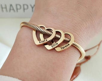 Custom Engraved Heart Charm Bracelet: Stainless Steel Family Name Jewelry