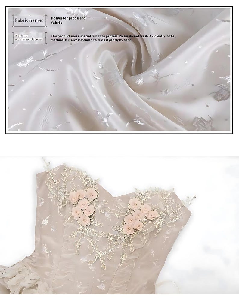 May include: A close-up of a light beige strapless dress with delicate lace detailing and pink flower embellishments. The fabric is a polyester jacquard with a subtle shimmer. The text "This product uses a special fishbone process. Please do not wash it violently in the machine. It is recommended to wash it gently by hand." is visible in the image.