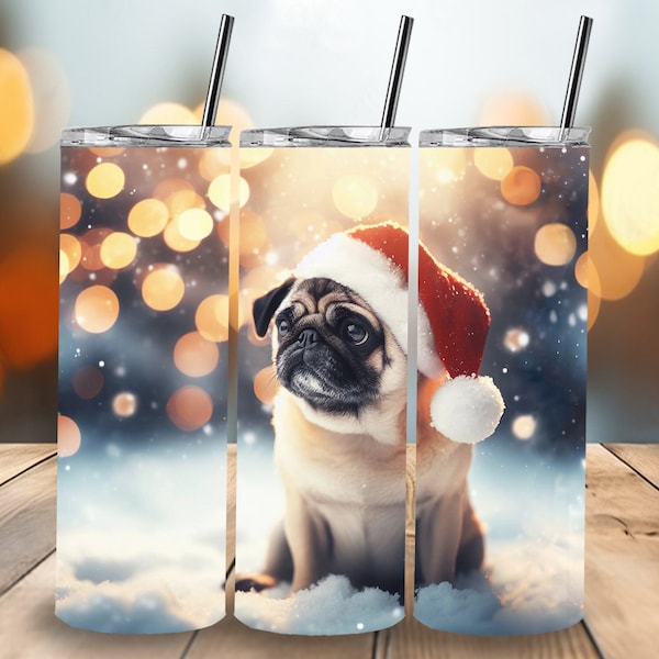 Pug Dog Santa Hat, Seamless, Sublimation Design 20oz Straight Tumbler Wrap, PNG Download, Digital Download, Straight, Christmas Holiday