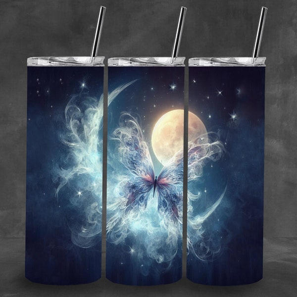 Winter Butterfly Solstice, Edge to Edge Seamless, 20oz Straight Tumbler Wrap PNG Sublimation Design, Digital Download, Blue, Christmas