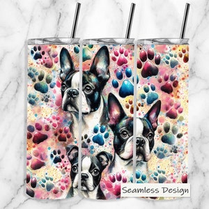 Empreintes de pattes colorées de chiens Boston Terrier, Sublimation sans couture, emballage de verre droit de 20 oz, téléchargement PNG, téléchargement numérique, aquarelle