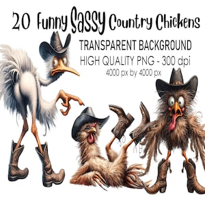 Peut inclure: Un ensemble de 20 illustrations numériques de poulets de campagne amusants et impertinents portant des chapeaux de cow-boy et des bottes. Les images sont des fichiers PNG de haute qualité avec des arrière-plans transparents et mesurent 4000 pixels par 4000 pixels.