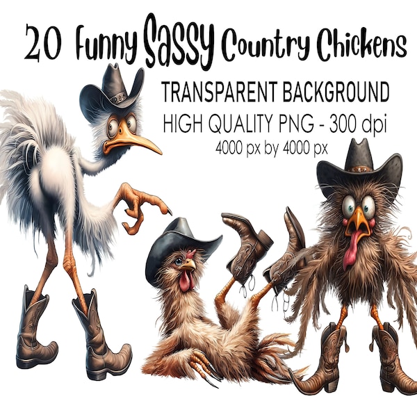 20 Funny Sassy Country Chickens, Transparent Background PNG, 300 DPI High Quality Digital Download Prints, Watercolor Sublimation Sarcastic