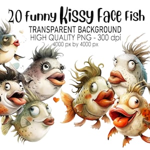 20 imágenes prediseñadas de pez con cara de beso divertida con fondo transparente, PNG, 300 ppp, impresiones digitales de alta calidad, acuarela, sublimación