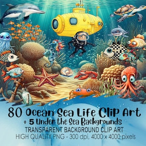 80 Transparent Background Ocean Sea Life Underwater Clip Art, PNG 300 dpi High Quality Digital Download Prints, Illustrated, Sublimation