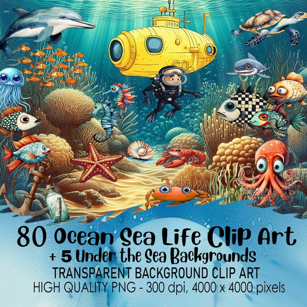 80 Transparent Background Ocean Sea Life Underwater Clip Art, PNG 300 dpi High Quality Digital Download Prints, Illustrated, Sublimation