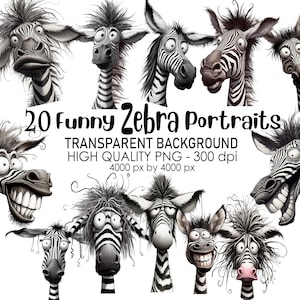 20 Transparent Background Funny Zebra Portrait Clip Art, PNG 300 dpi High Quality Digital Download Prints, Watercolor Sublimation, Safari