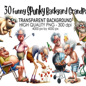 30 transparante achtergrond grappige pittige achtertuin opa illustraties, PNG 300 dpi hoge kwaliteit digitale download prints, aquarel sublimatie