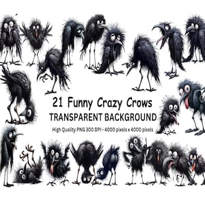 21 cliparts drôles de corbeaux fous de fond transparent, PNG 300 dpi, impression en téléchargement numérique de haute qualité, Style Aquarelle, sublimation