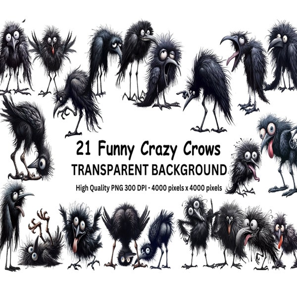 21 Transparent Background Funny Crazy Crows Clip Art, PNG 300 dpi High Quality Digital Download Prints, Watercolor Style, Sublimation