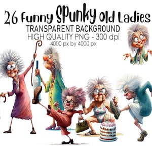 May include: A digital illustration of 26 funny, cartoon-style old ladies in various poses. The ladies are wearing colorful clothing and have exaggerated features, such as large eyes and wild hair. The background is transparent.