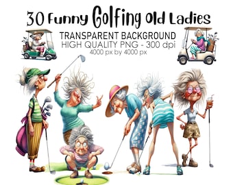 30 Transparent Background Golfing Old Ladies Clip Art, PNG 300 dpi High Quality Digital Download Prints, Watercolor Sublimation, Grannies