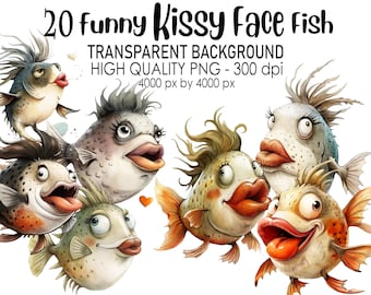 Funny Kissy Face Fish Clip Art, Watercolor PNG (Digital Download)