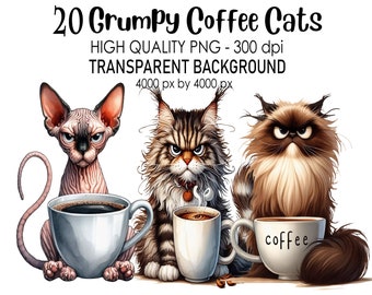20 Grumpy Coffee Cats Sfondo trasparente Clip Art, PNG 300 Dpi Stampe digitali di alta qualità da scaricare, Stile acquerello Sublimazione Divertente