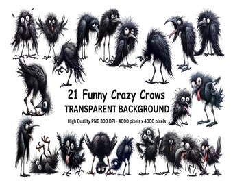 21 Transparent Background Funny Crazy Crows Clip Art, PNG 300 dpi High Quality Digital Download Prints, Watercolor Style, Sublimation