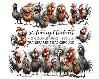 20 Transparent Background Funny Crazy Chickens Clip Art, PNG 300 dpi High Quality Digital Download Prints, Watercolor Style, Sublimation