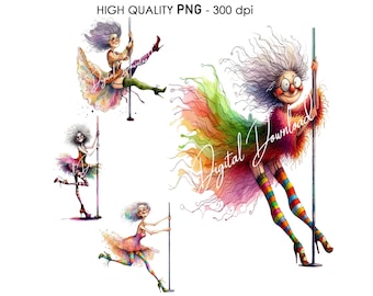 15 Transparent Background Sassy Grandma Clip Art PNG 300 dpi High Quality Digital Download Prints Watercolor Sublimation Funny Pole Dancers