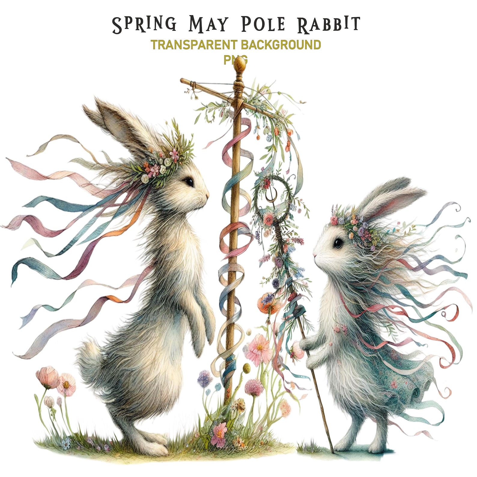 Spring May Pole Bunny PNG Clipart: Scandinavian Rabbits Easter Floral ...