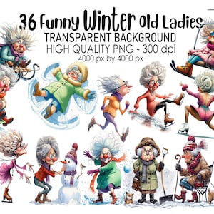 36 Transparent Background Funny Winter Old Ladies Clip Art PNG 300 dpi High Quality Digital Download Prints Watercolor Sublimation, Grannies