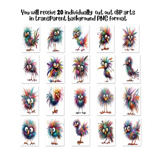 Peut inclure: Vingt illustrations d'oiseaux de style cartoon color&eacute;s avec diff&eacute;rentes expressions et poses. Chaque oiseau a une combinaison unique de couleurs et de textures, sur un fond blanc.