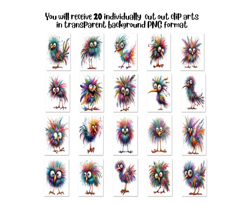 Peut inclure: Vingt illustrations d'oiseaux de style cartoon color&eacute;s avec diff&eacute;rentes expressions et poses. Chaque oiseau a une combinaison unique de couleurs et de textures, sur un fond blanc.
