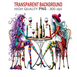5 Transparent Background Quirky Girls Cafe Wine Clip Art PNG 300 dpi High Quality Digital Download Prints Watercolor Sublimation