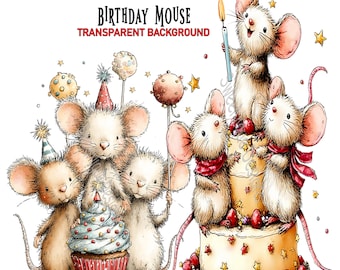 Birthday Mouse PNG Clipart: Whimsical Mice Graphics, Transparent Background, Watercolor, Sublimation, Print