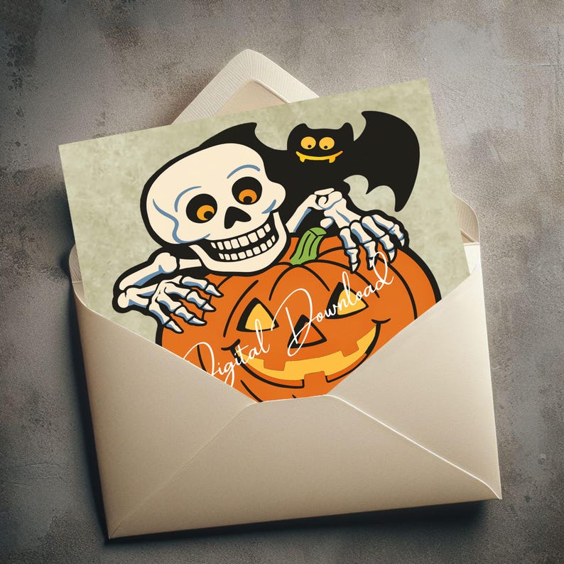 Może przedstawiać: Kartka z życzeniami na Halloween z uśmiechniętym szkieletem, nietoperzem i wyrzeźbioną pomarańczową dynią. Karta znajduje się w kremowej kopercie. Na karcie widnieje napis "Digital Download".