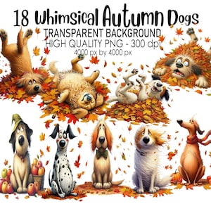 Könnte beinhalten: 18 skurrile Illustrationen von Hunden in Herbstlaub. Die Hunde sind in verschiedenen Posen, einige liegen, einige sitzen und einige stehen. Die Illustrationen sind im Cartoon-Stil gehalten und bunt.