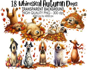 Autumn Dogs PNG Clip Art: Whimsical Fall Pups Graphics Transparent Background Digital Download