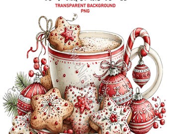 Clipart di accogliente caffè natalizio in formato PNG, illustrazioni festive di cioccolata calda per le vacanze, sfondo trasparente, download digitale