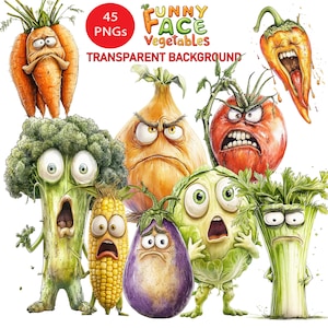 May include: A collection of cartoon vegetables with exaggerated facial expressions. The image includes a carrot, broccoli, corn, eggplant, cabbage, celery, tomato, onion, and a chili pepper. Text reads "Funny Face Vegetables" and "Transparent Background".