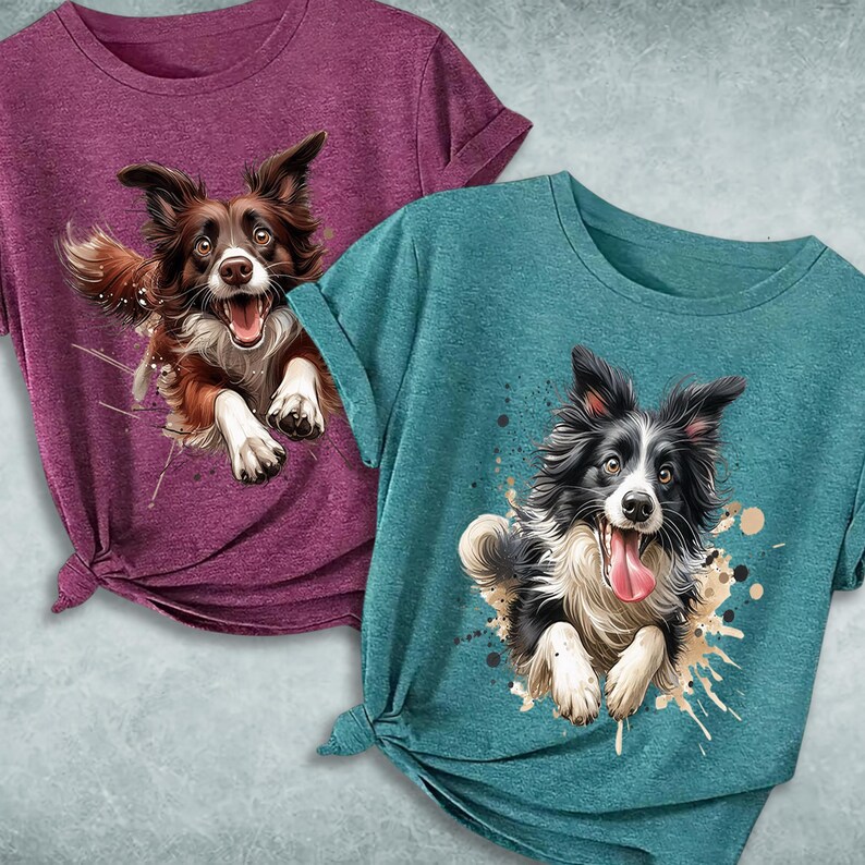 May include: Two t-shirts with different dog breeds printed on them. The first shirt is a dark purple color with a brown and white border collie running. The second shirt is a teal color with a black and white border collie running. Both shirts have a tie-dye effect.